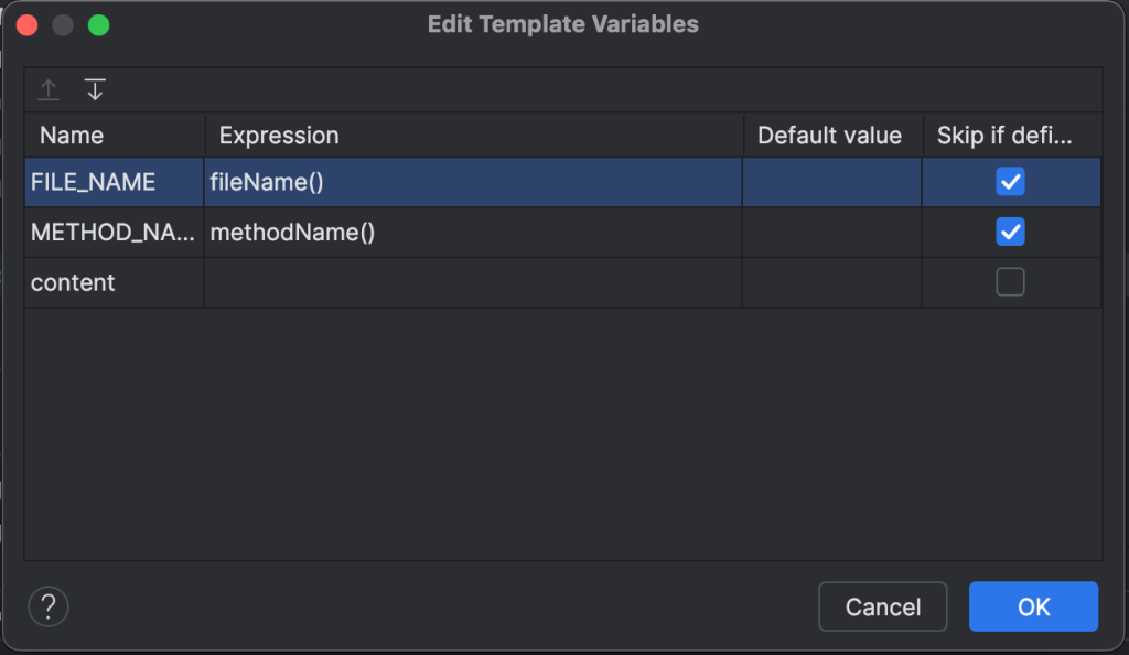 Editing template variables to use predefined functions for file and method name